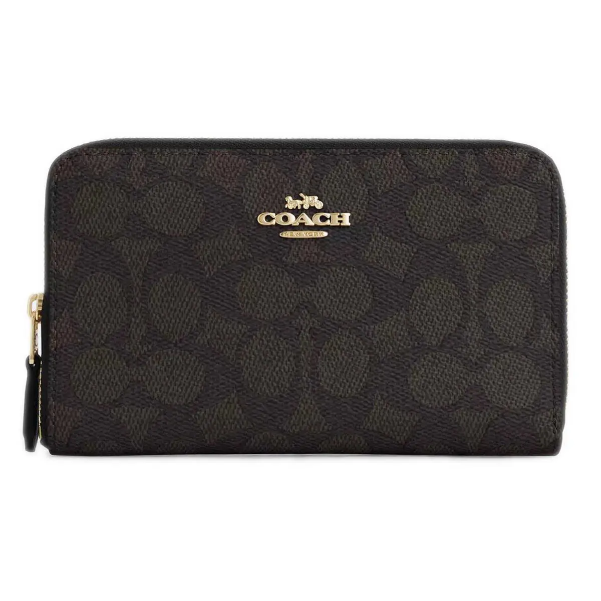 Coach Women`s Zip Wallet Signature Canvas Medium Id Gold/walnut/black CW781 Blk
