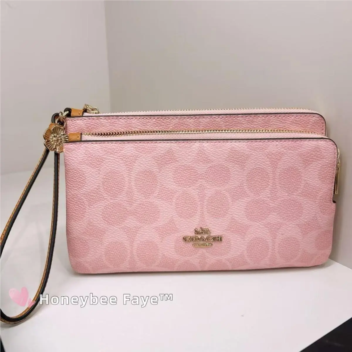 Coach Double Zip Wristlet In Signature Canvas with Charms CEF61 Powder Pink