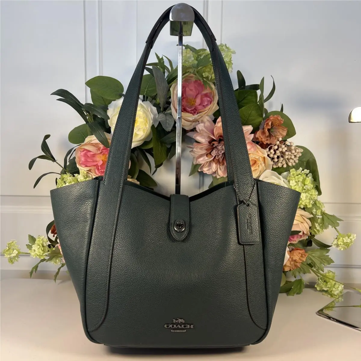 Nwt-coach Pebble Leather Hadley Turnlock Tote/shoulder Bag-dark Teal by Coach