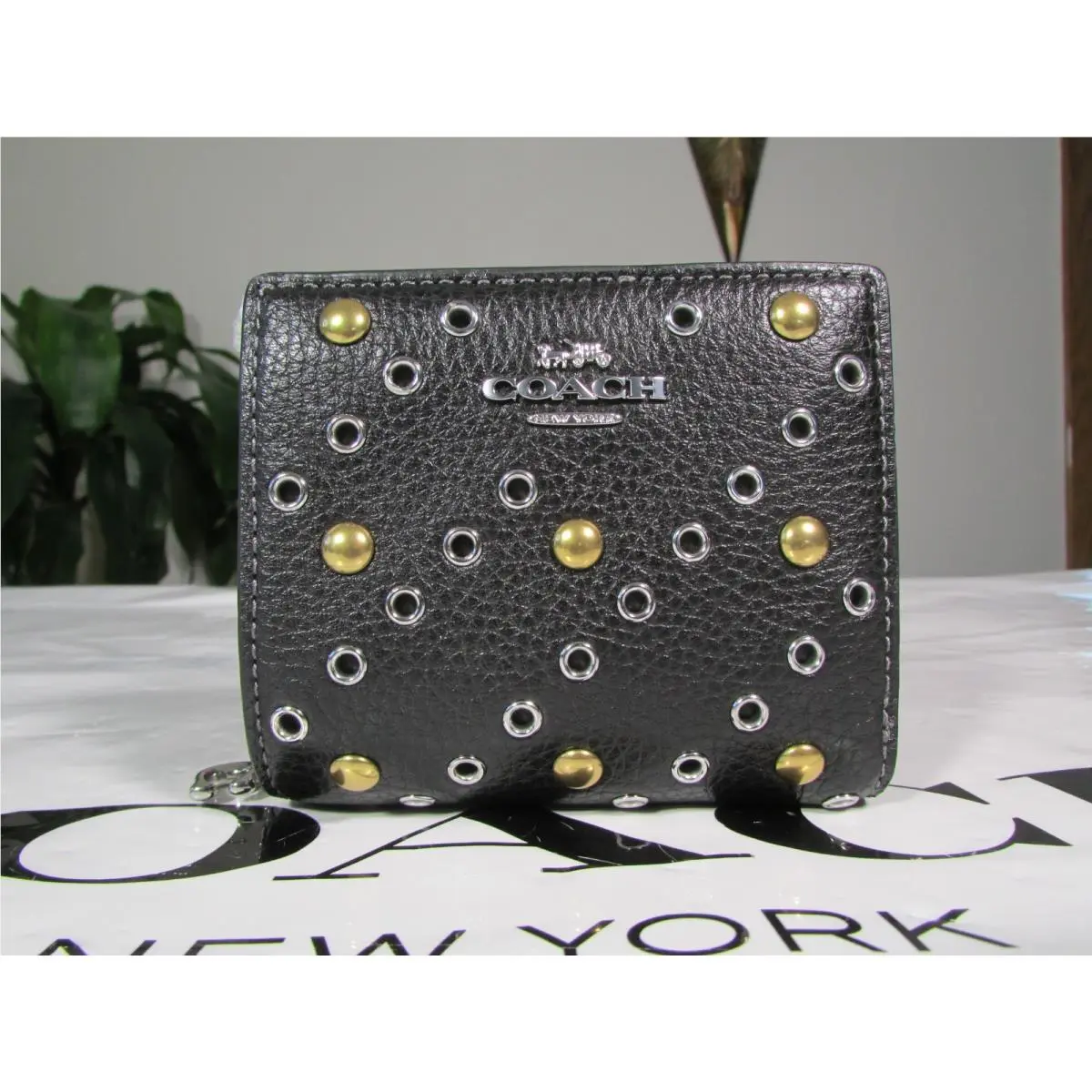 Coach Leather Snap Wallet with Rivets CCL78 Black Multi