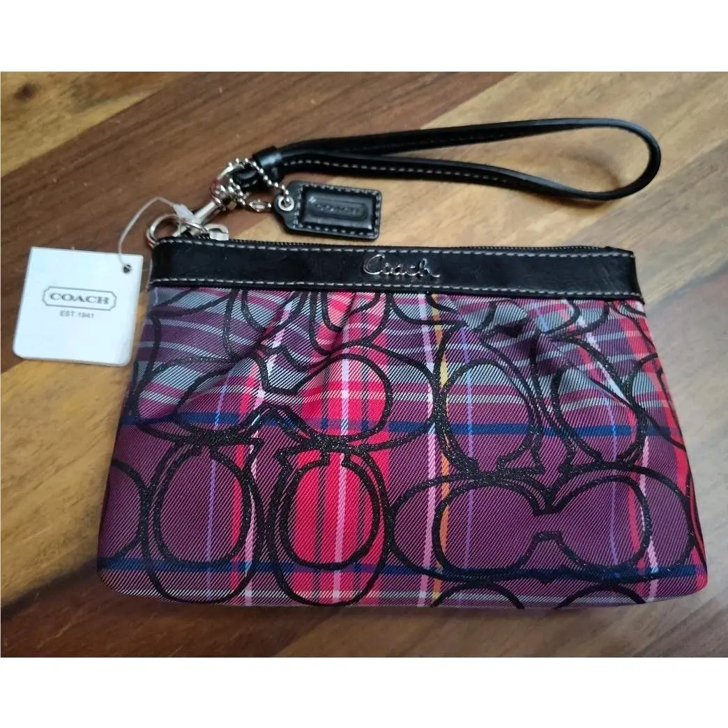 Coach Signature Stripe Red Tartan Pleated Wristlet
