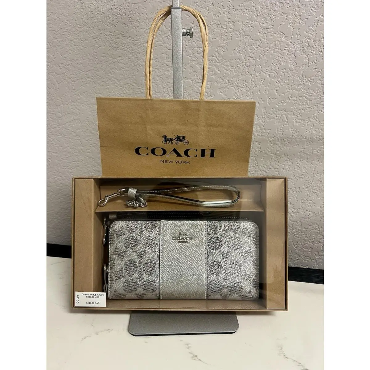 Coach Boxed Large Phone Wallet in Metallic Signature Canvas Silver Gray CCL91