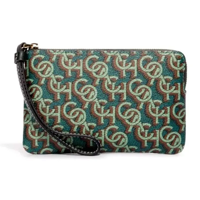 Coach Corner Zip Wristlet Green Monogram Print Canvas Leather CF548 Wallet