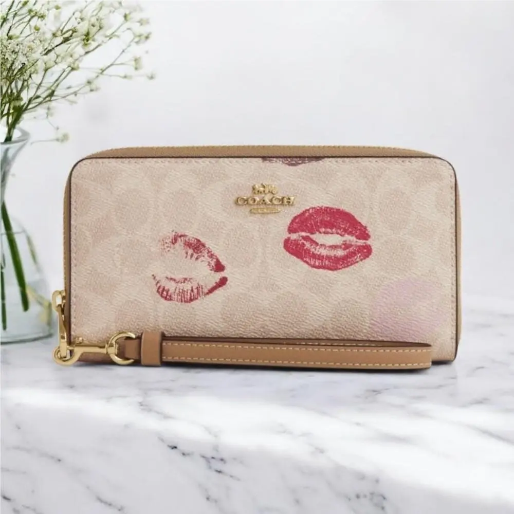 Coach Long Zip Around Wallet In Signature Canvas with Lips Print CZ955