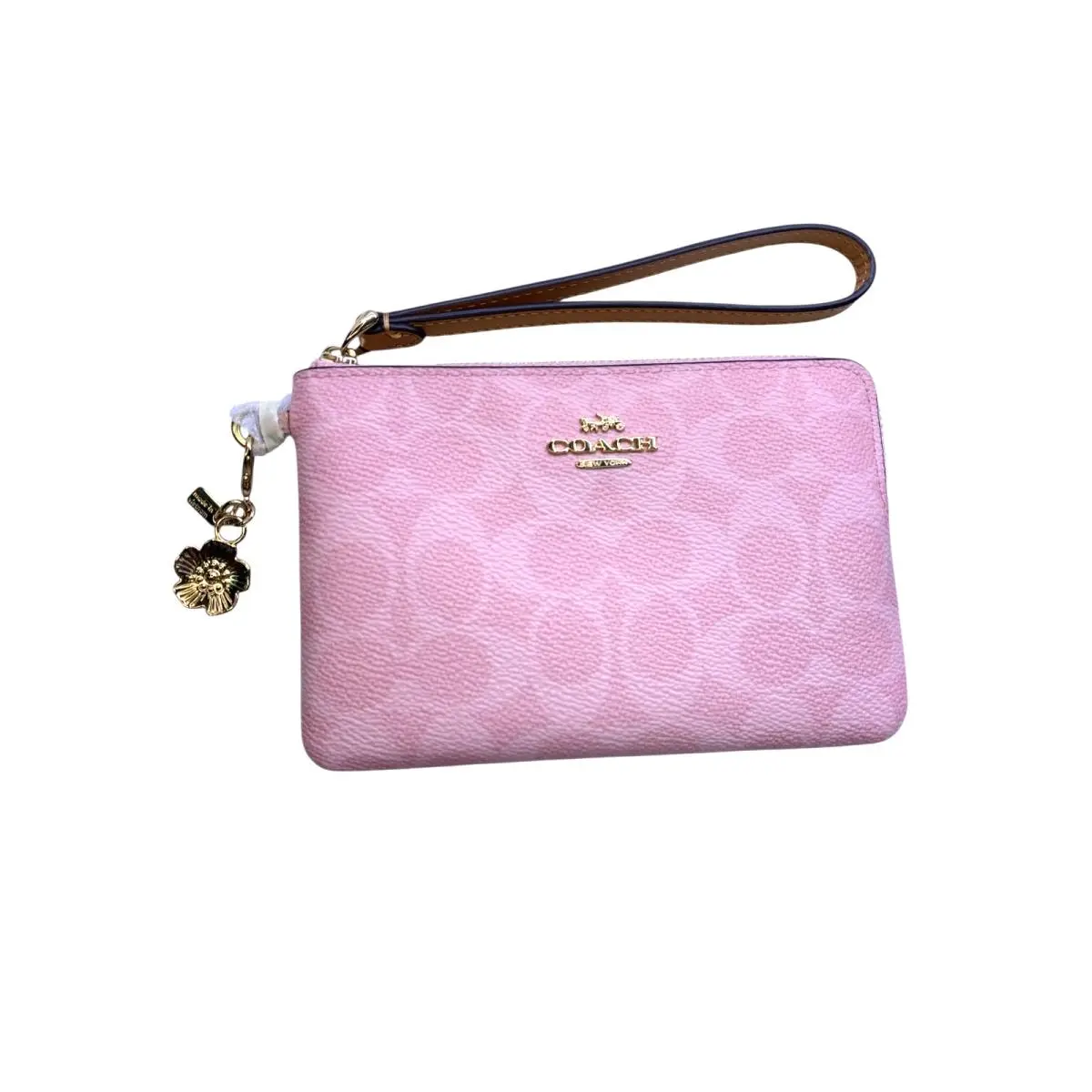 Coach CEF72 Corner Zip Wristlet Signature Canvas with Charm Gold Powder Pink