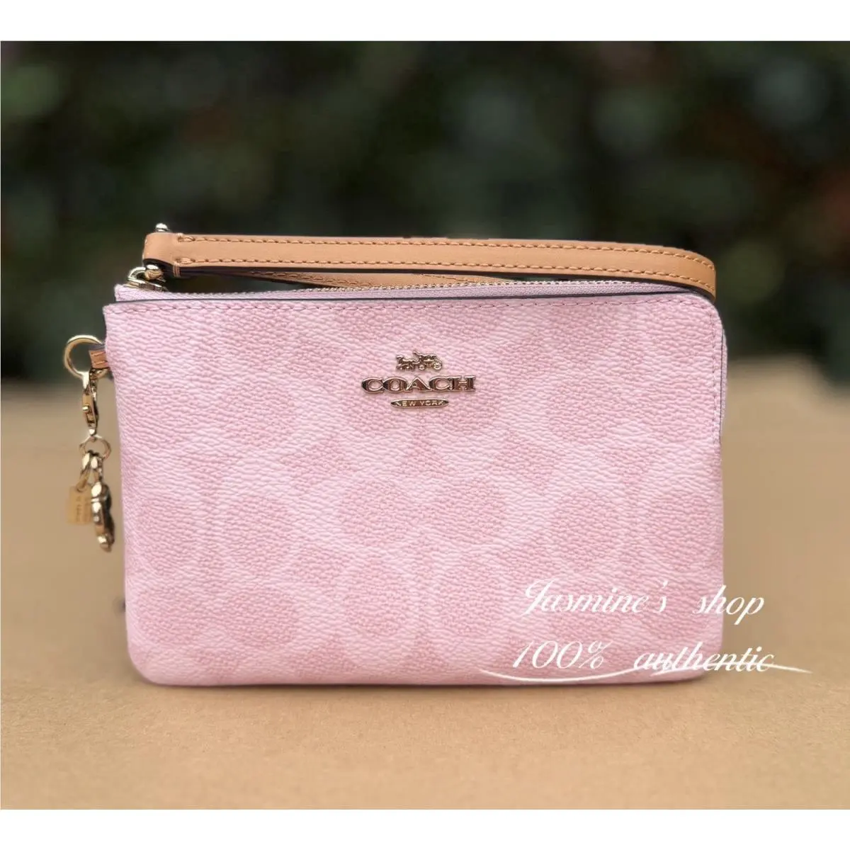 Coach CEF72 Corner Zip Wristlet Signature Canvas with Charm Gold Powder Pink