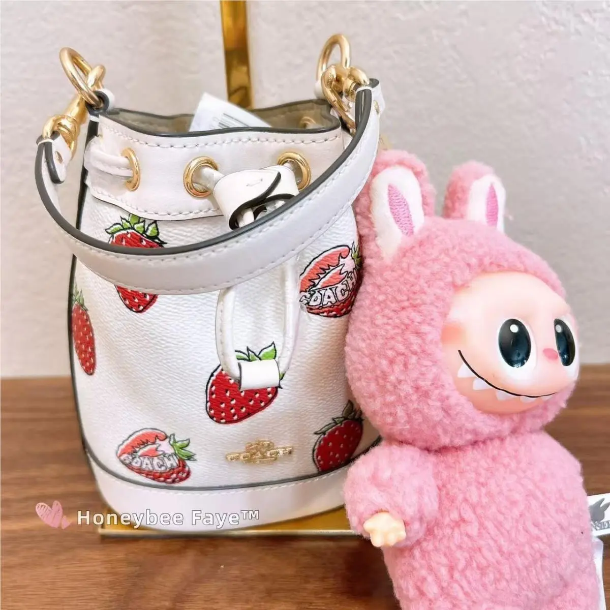 Coach Mini Bucket Bag Strawberry Print with Crossbody Strap Free Charm