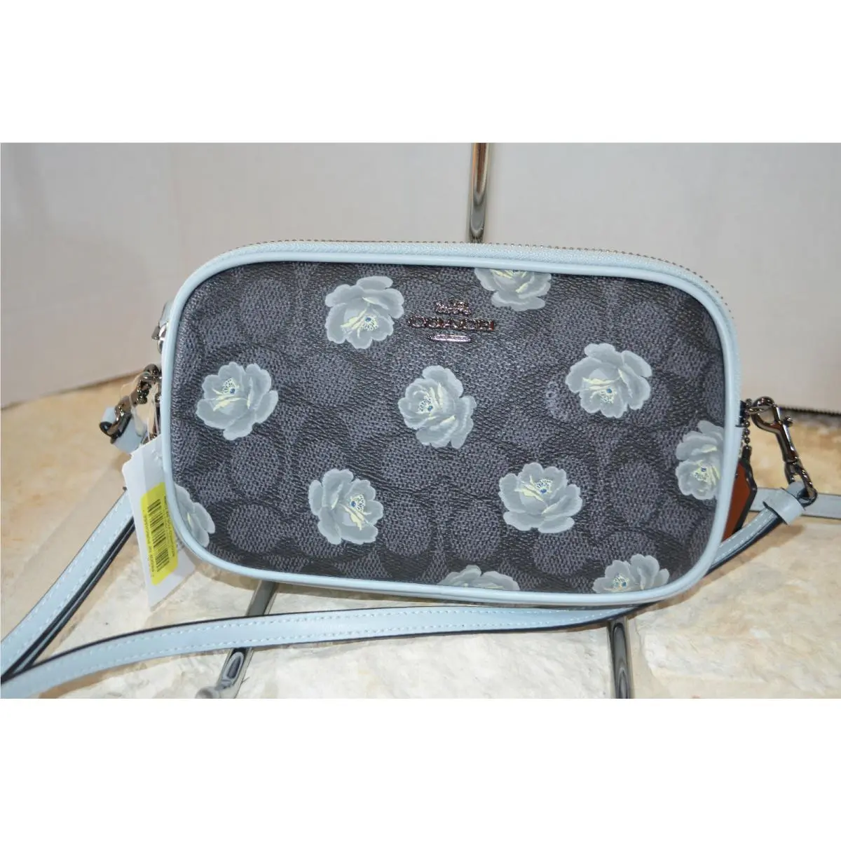 Coach Double Zip Signature Rose Crossbody 31855 Charcoal Sky Blue Wrist