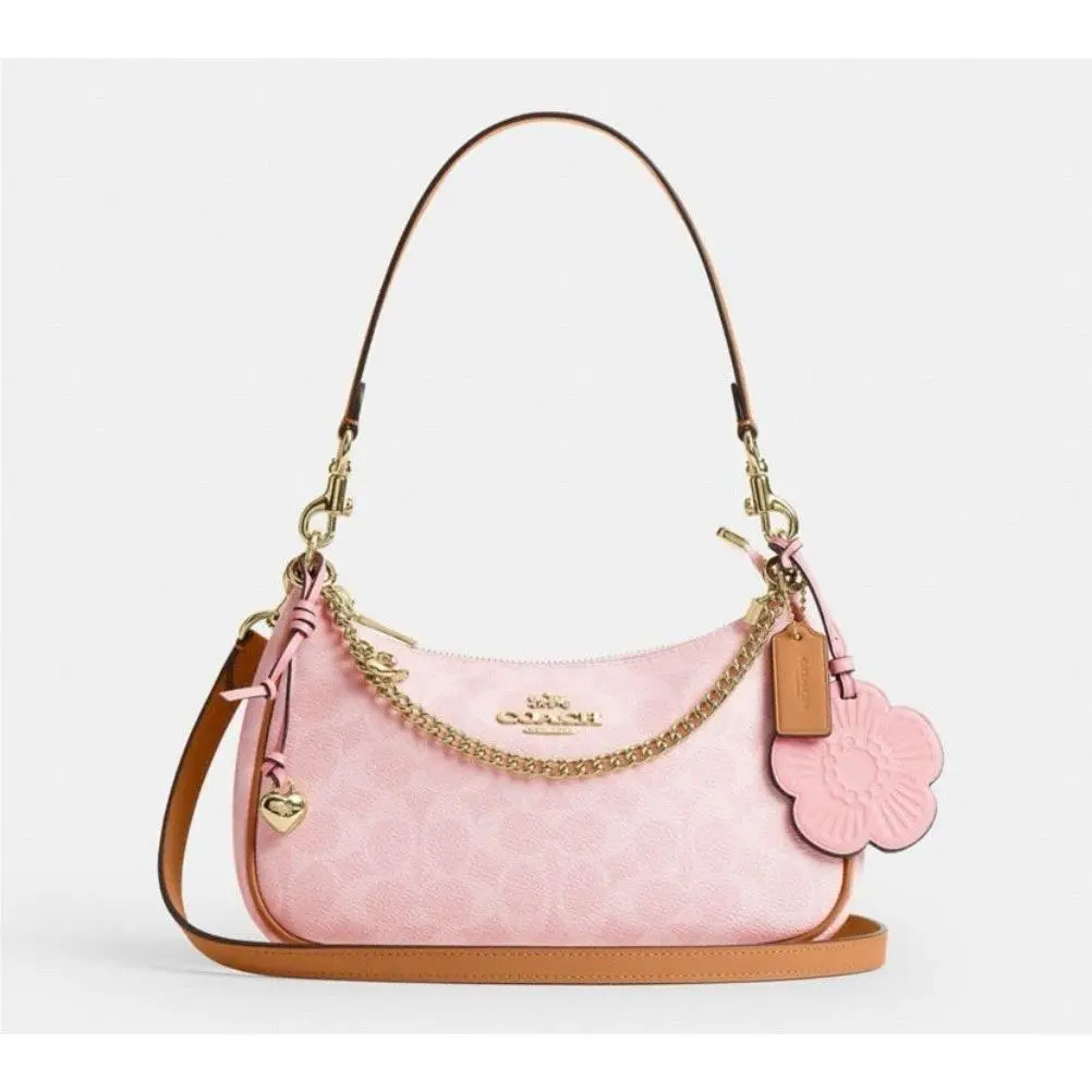 Coach Gold Powder Pink Teri Shoulder Bag Signature with Charms CEA20