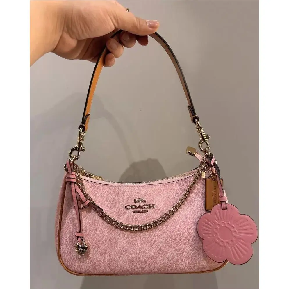 Coach Gold Powder Pink Teri Shoulder Bag Signature with Charms CEA20