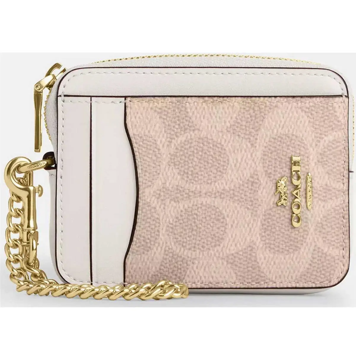 Coach Women`s Card Case Signature Canvas Zip Gold/sand/chalk CW883 SD Chk - Exterior: Gold/Sand/Chalk