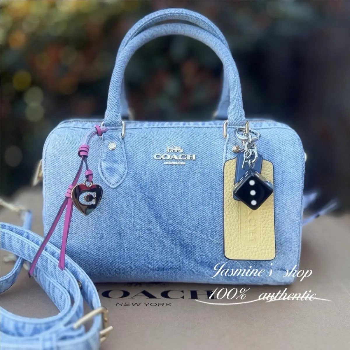 Coach CDY74 Rowan Satchel Bag In Loved Denim with Charms Gold/light Indigo