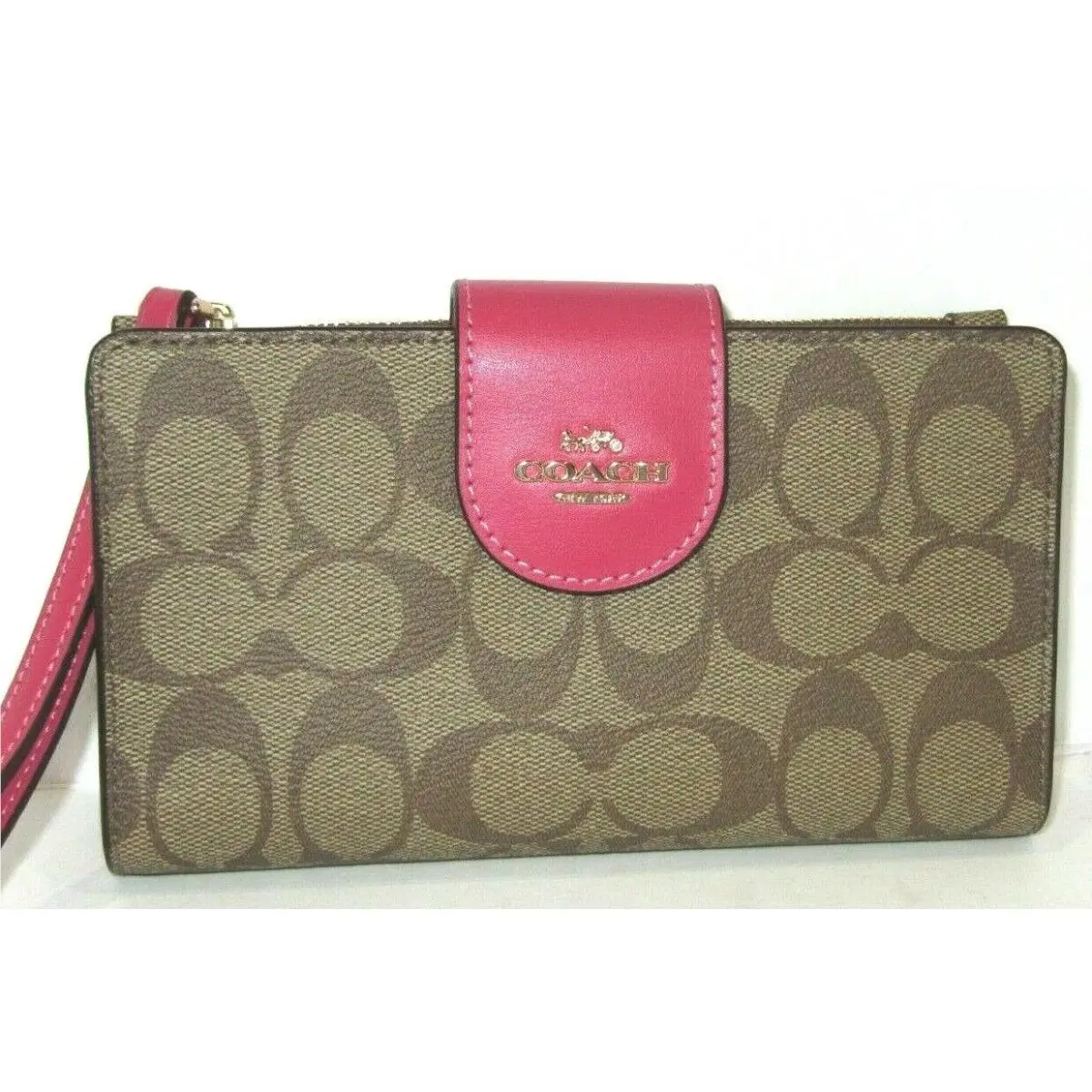 Coach C2874 Tech Phone Wallet Khaki Signature Strawberry Haze Leather