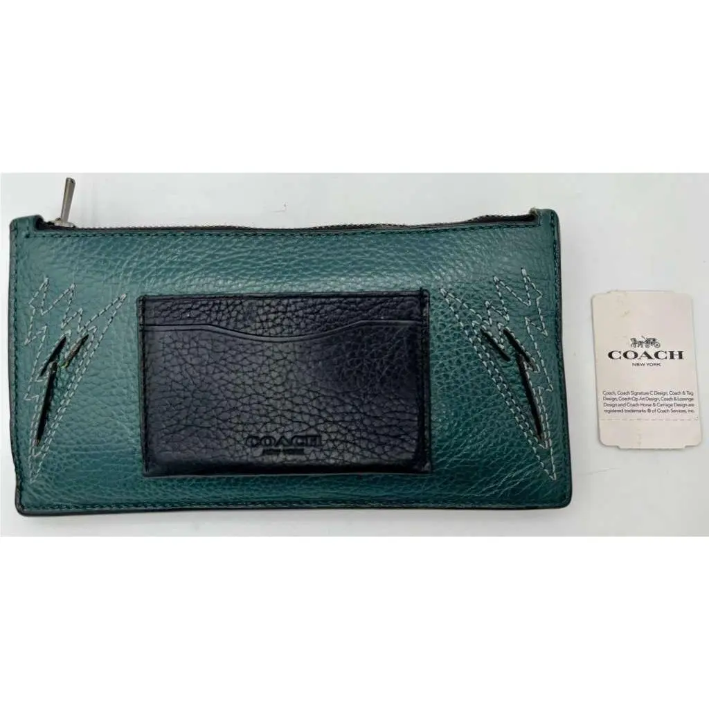 Coach Zip Phone Wallet Leather Pouch Card Holder Organizer Unisex Green