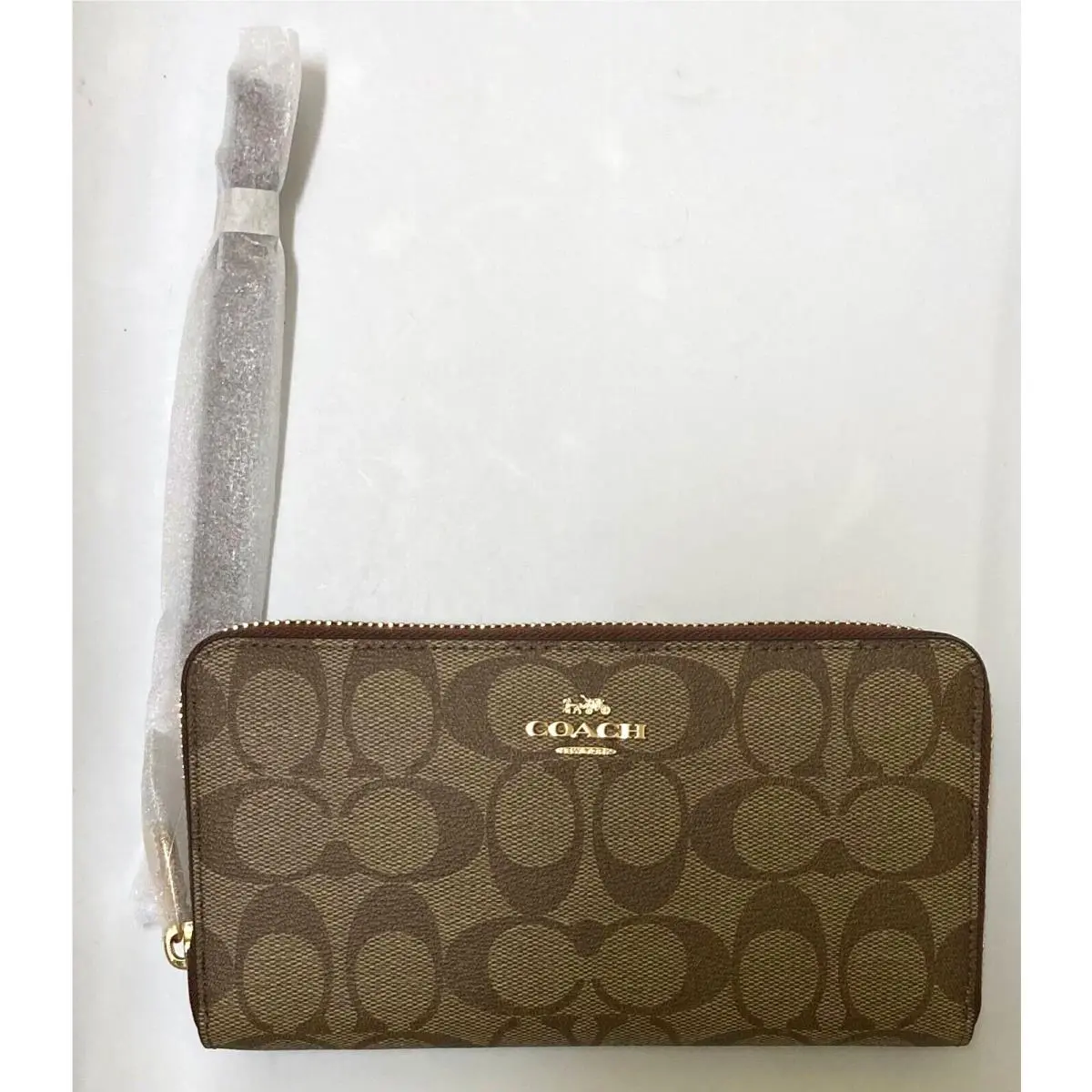 Coach Womens Long Zip Around Wallet Signature Canvas with Strap Khaki