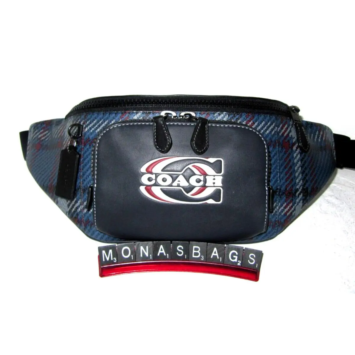 Coach CH109 Navy Multi Plaid Coated Canvas Leather Track Belt Bag