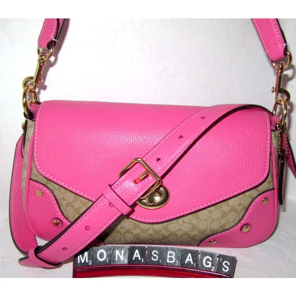 Coach CE639 Millie Shoulder Bag Petunia Pink Leather Light Khaki Signature