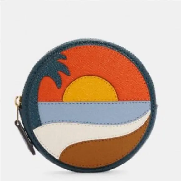 Coach Circle Coin Case Beach Postcard Zip Leather Wallet Gold Dark Orange