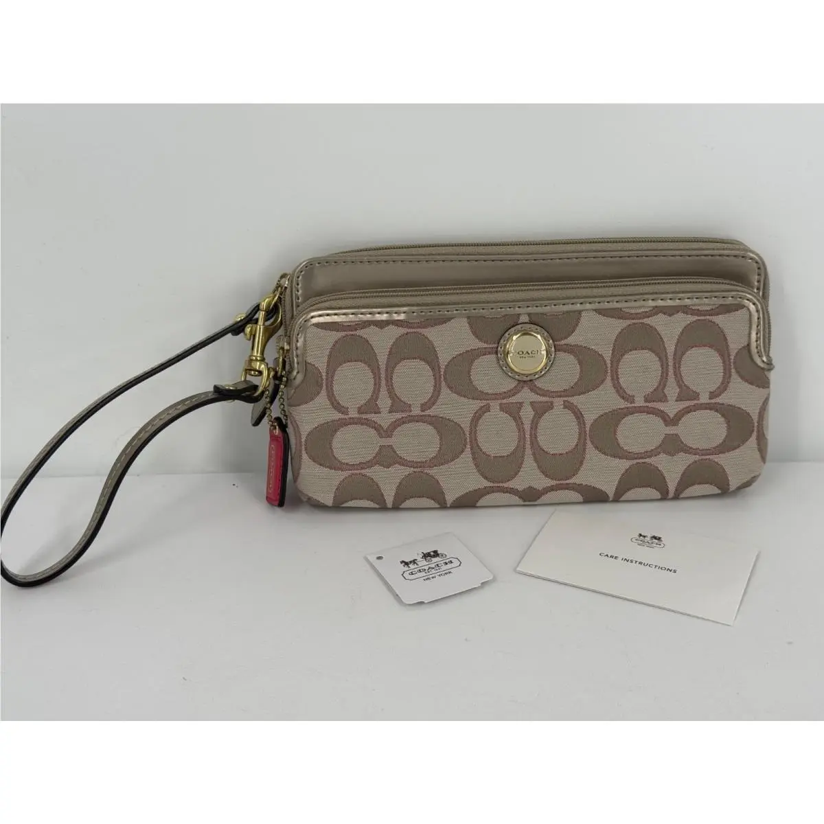 Coach Cream Light Khaki Rose Poppy Signature Double Zip Wallet Wristlet