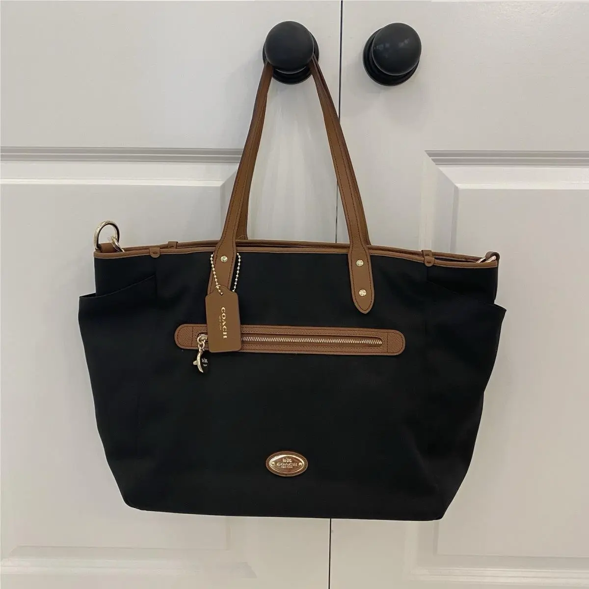 Coach Black Nylon Diaper Bag Laptop Tote Tan Leather Trim Gold HW Euc Large