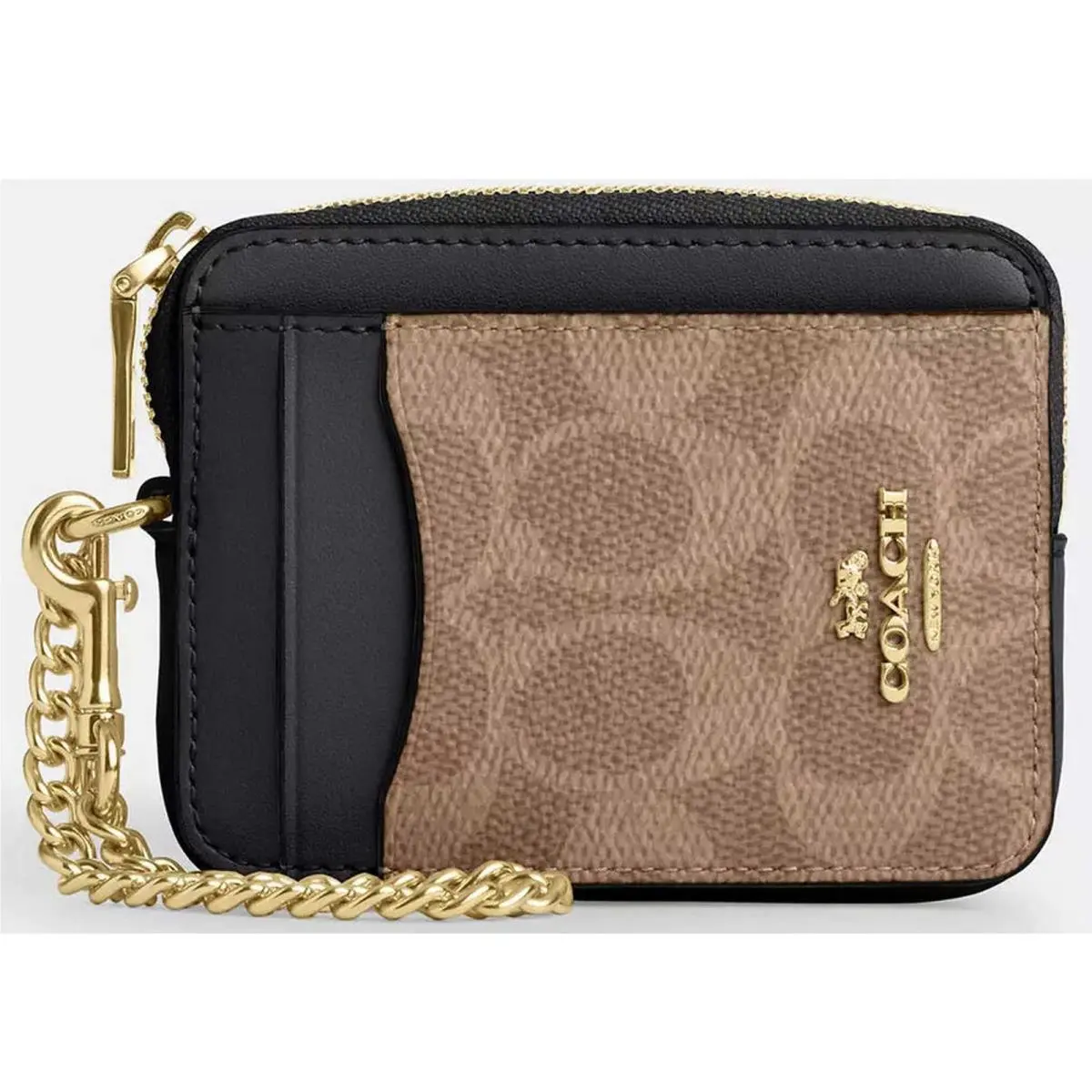 Coach Women`s Card Case Signature Canvas Zip Gold/tan/black CW883 Blk