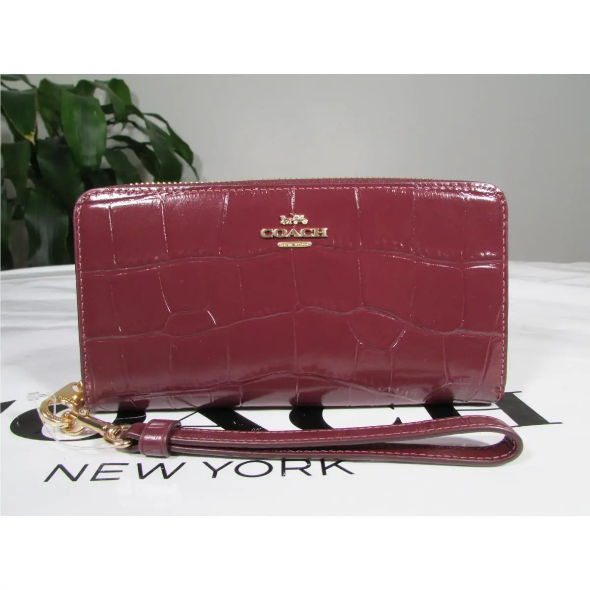 Coach Embossed Leather Long Zip Around Wallet Wristlet CT083 Dark Wine