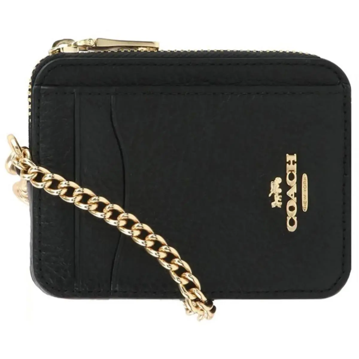 Coach Women`s Zip Card Case Refined Pebble Leather with Strap Black 6303 Blk