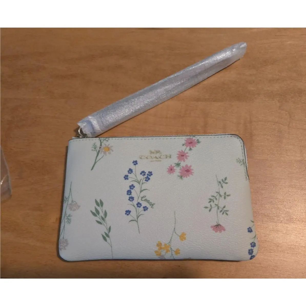 Coach Corner Zip Wristlet in Spaced Wildflower Print Chalk Multi Gold