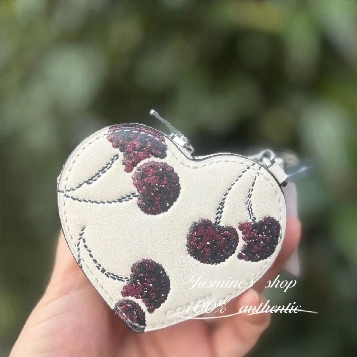 Coach Heart Bag Charm with Cherry Print CDB55 Chalk Silver