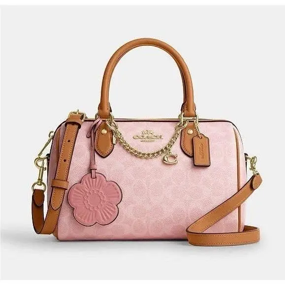 Rowan Satchel Bag Signature Canvas with Charms Gold/powder Pink CEA18 by Coach