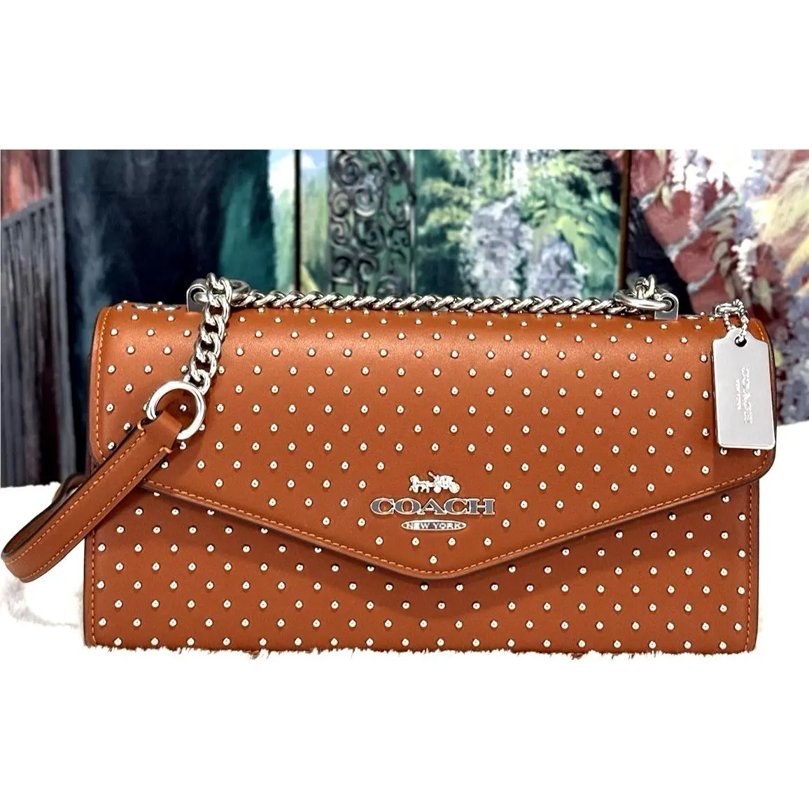 Coach Klare Envelope Crossbody Bag with Rivets CDB07 In Pecan Leather Silver