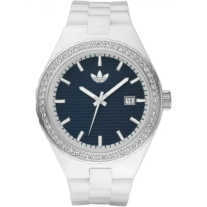 Adidas White Silver Resin Strap+ Crystals Blue Dial Date Cambridge Watch ADH2093