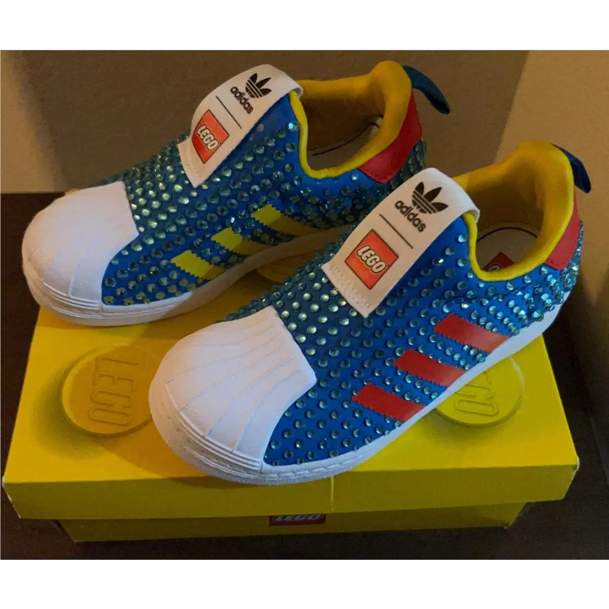 Kids Customized Adidas Lego X Superstar 360 C Shock Blue Crystal HO2730 Size 12