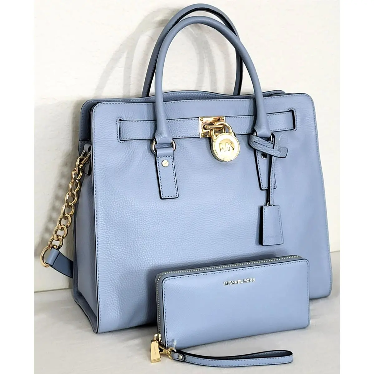 Hamilton Pale Blue Leather Gold Lock NS Tote Bag +/or Wallet Bag and Wallet set by Michael Kors