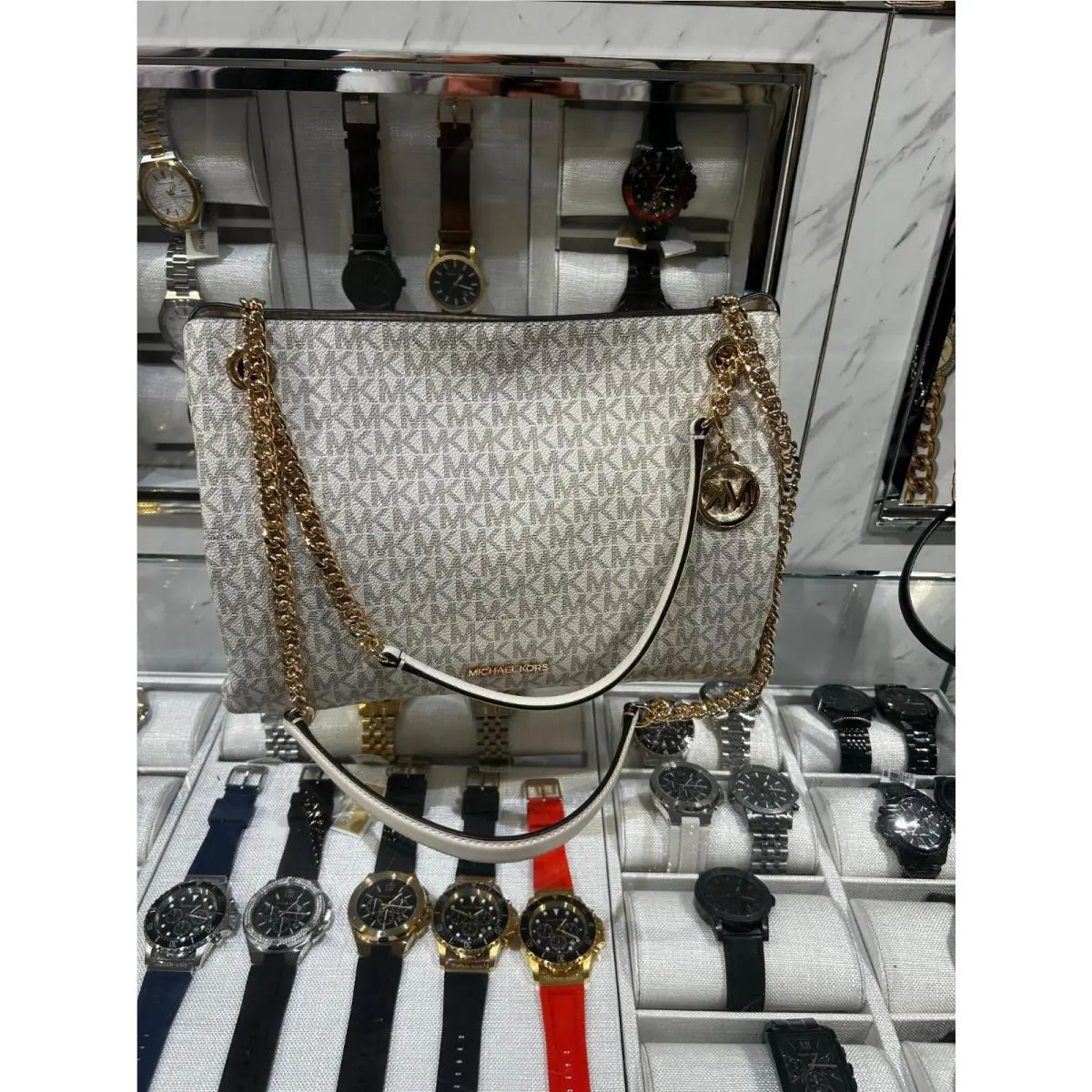 Michael Kors Christina Women Medium Logo Messenger Crossbody Bag Light Cream