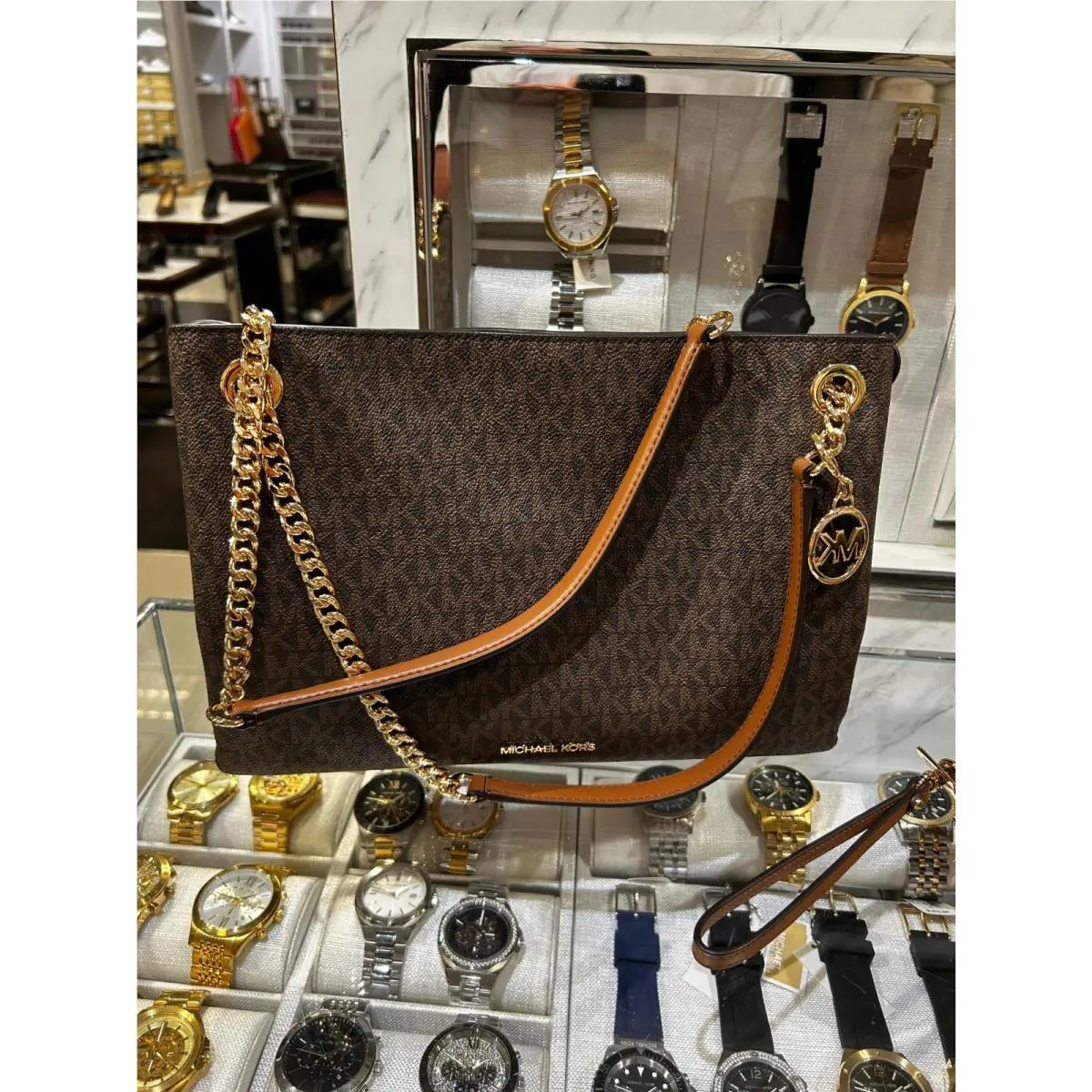 Christina Women Medium MK Logo Chain Messenger Crossbody Bag Brown by Michael Kors
