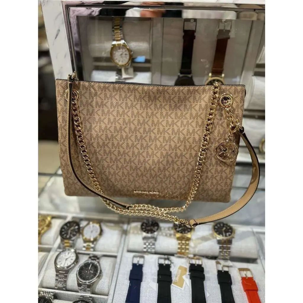 Christina Women Medium MK Logo Chain Messenger Crossbody Bag Camel by Michael Kors