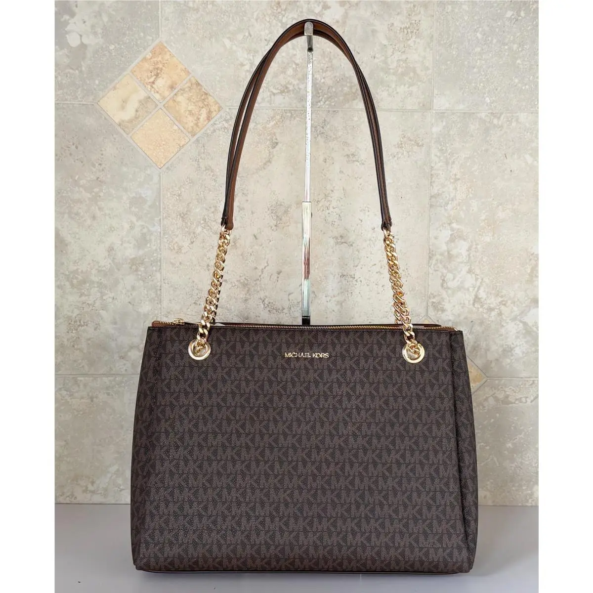 Michael Kors Soho Medium Chain Shoulder Tote Bag MK Vanilla Bag MK Brown
