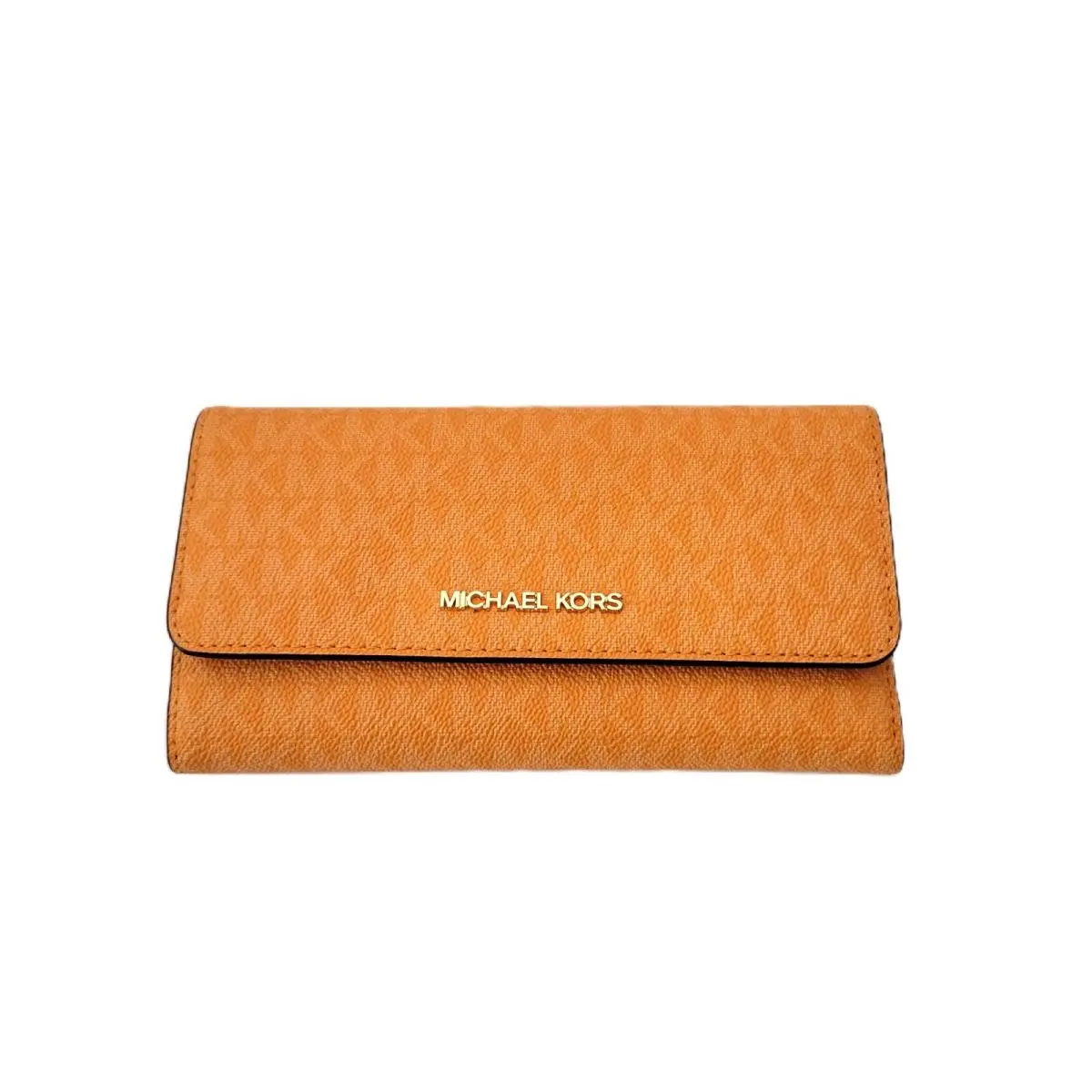 Michael Kors Jet Set Travel Large Trifold Wallet Clutch Rad Orange MK Logo