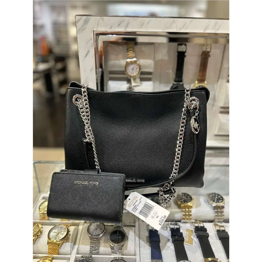Michael Kors Christina Women Medium Pebbled Leather Messenger Shoulder Bag Black