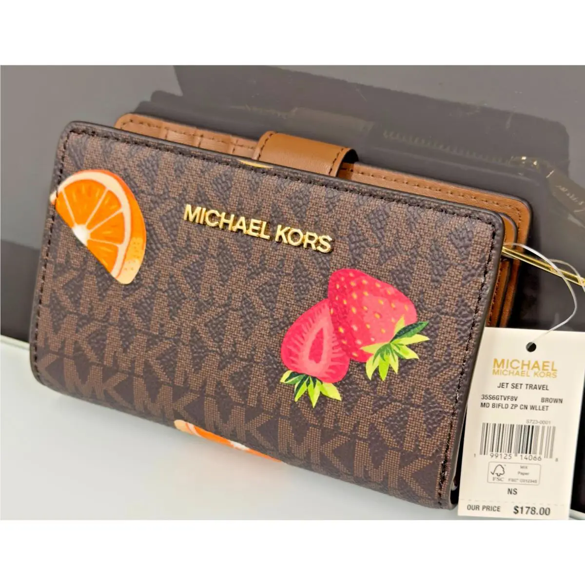 Michael Kors Jet Set Travel MD Bifold Coin Zipper Wallet MK Brown Multi Peach