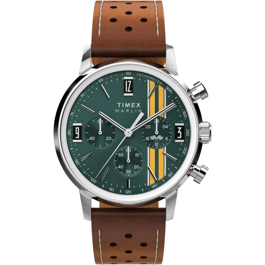 Marlin Chronograph Green Dial Brown Leather Watch TW2W99100 by Timex