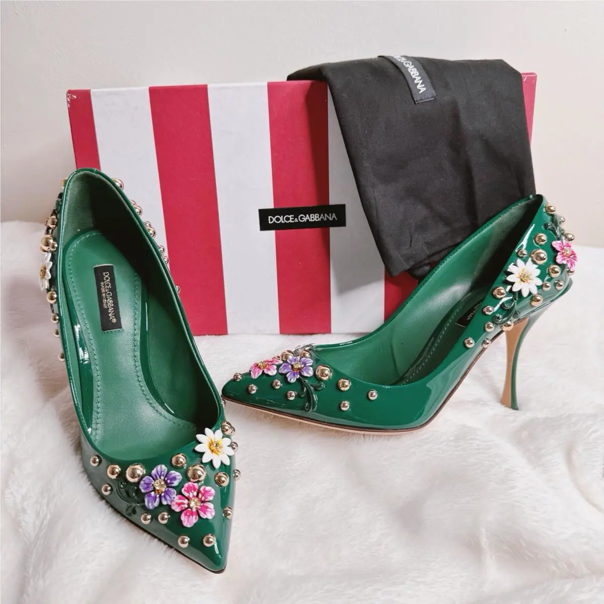 Dolce Gabbana Stiletto Pumps Green Patent Leather Floral Stud Embellished Size 6 by Dolce & Gabbana