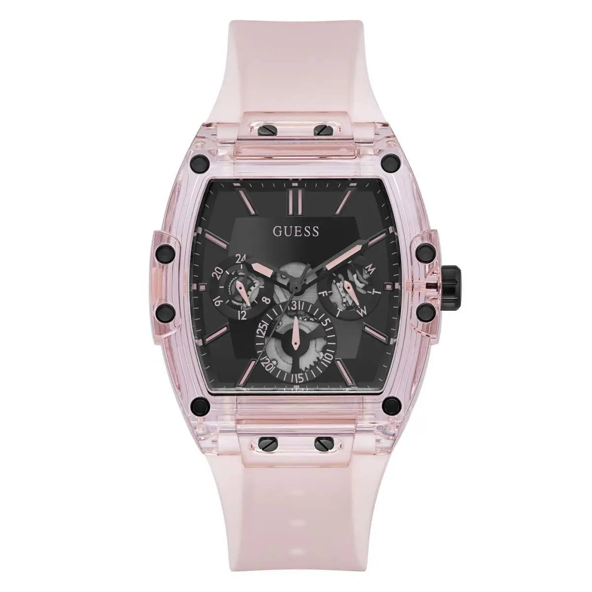 Guess Men`s 43mm Watch - Pink Strap Black Dial Case One Pink/black/pink