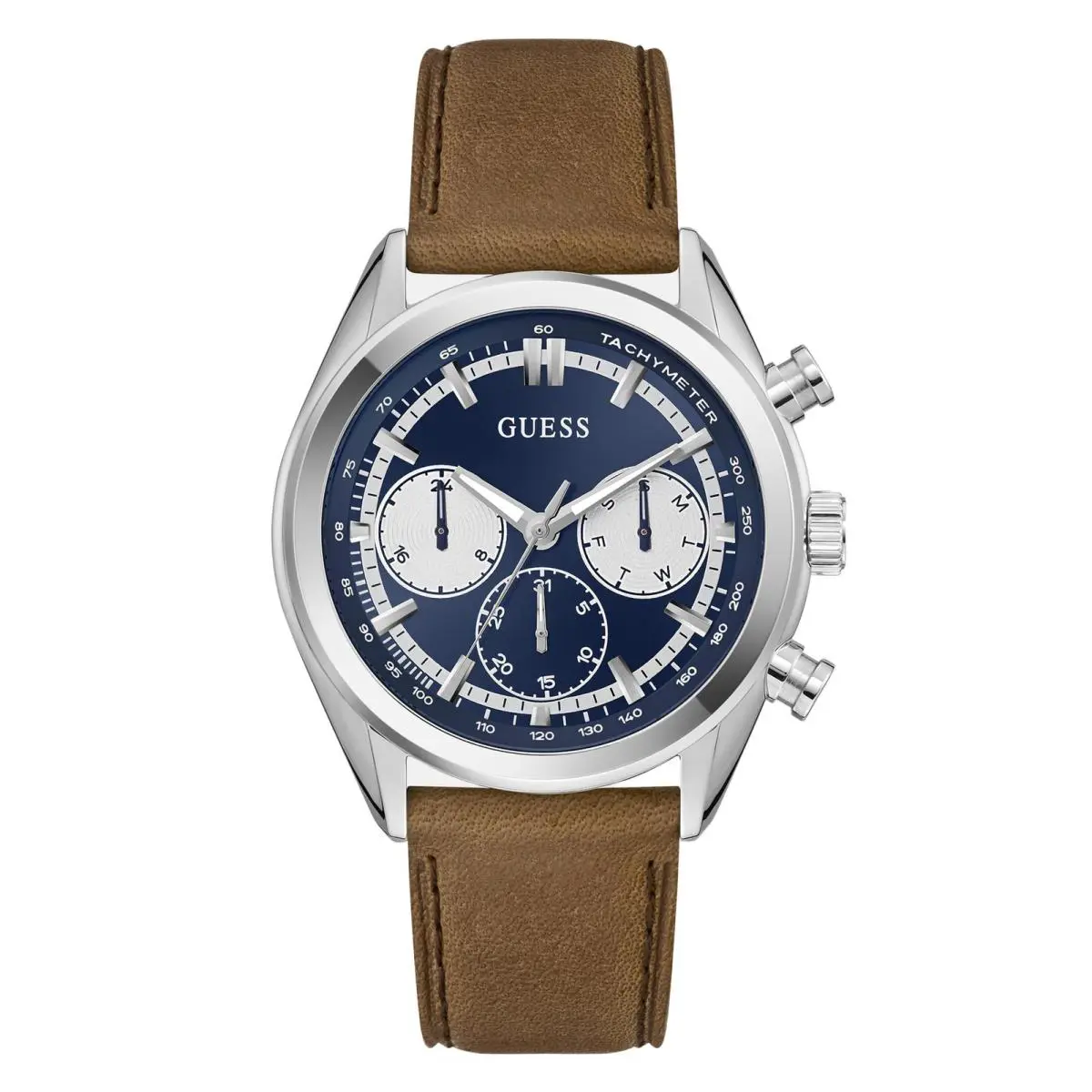 Guess Men`s Watch Quartz Blue and White Dial Brown Leather Strap Date GW0972G1