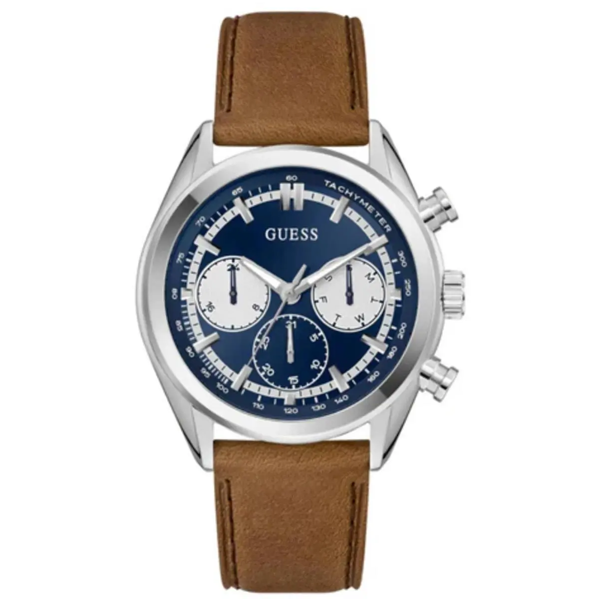 Guess Men`s Watch Quartz Blue and White Dial Brown Leather Strap Date GW0972G1