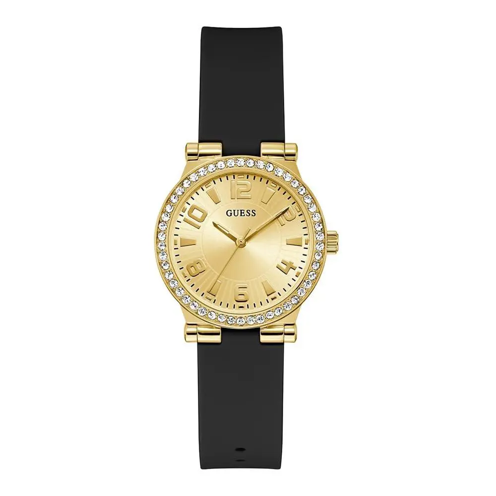Guess Women`s Watch Fawn Crystal Bezel Champagne Dial Black Strap GW0844L1