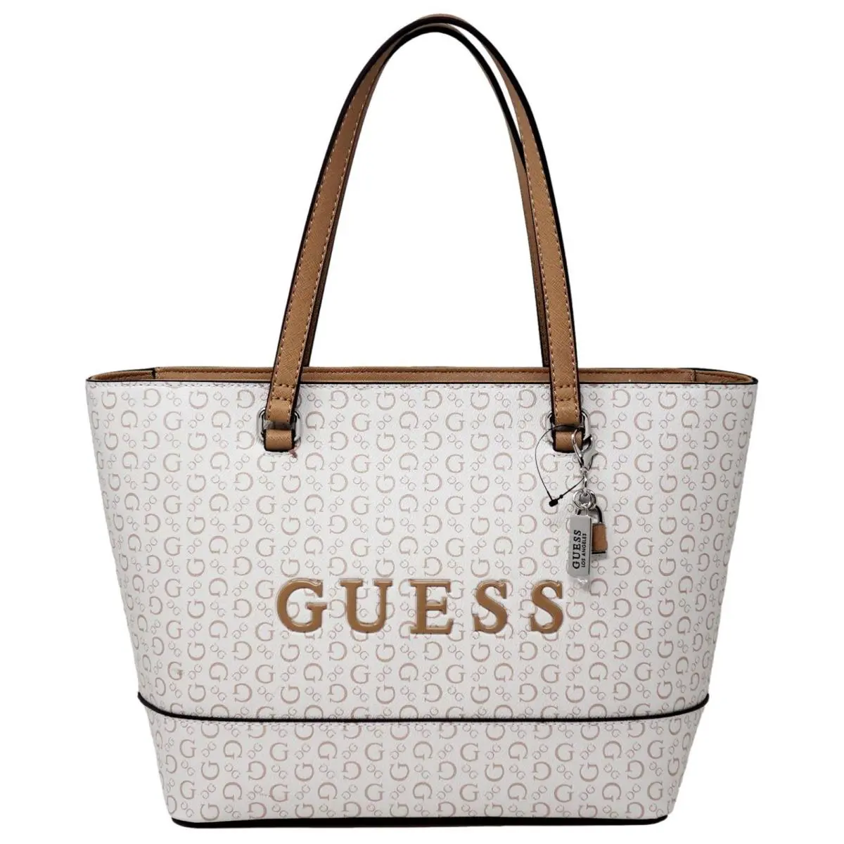 Guess Women`s Logo Print Tote Travel Bag Handbag Purse - White