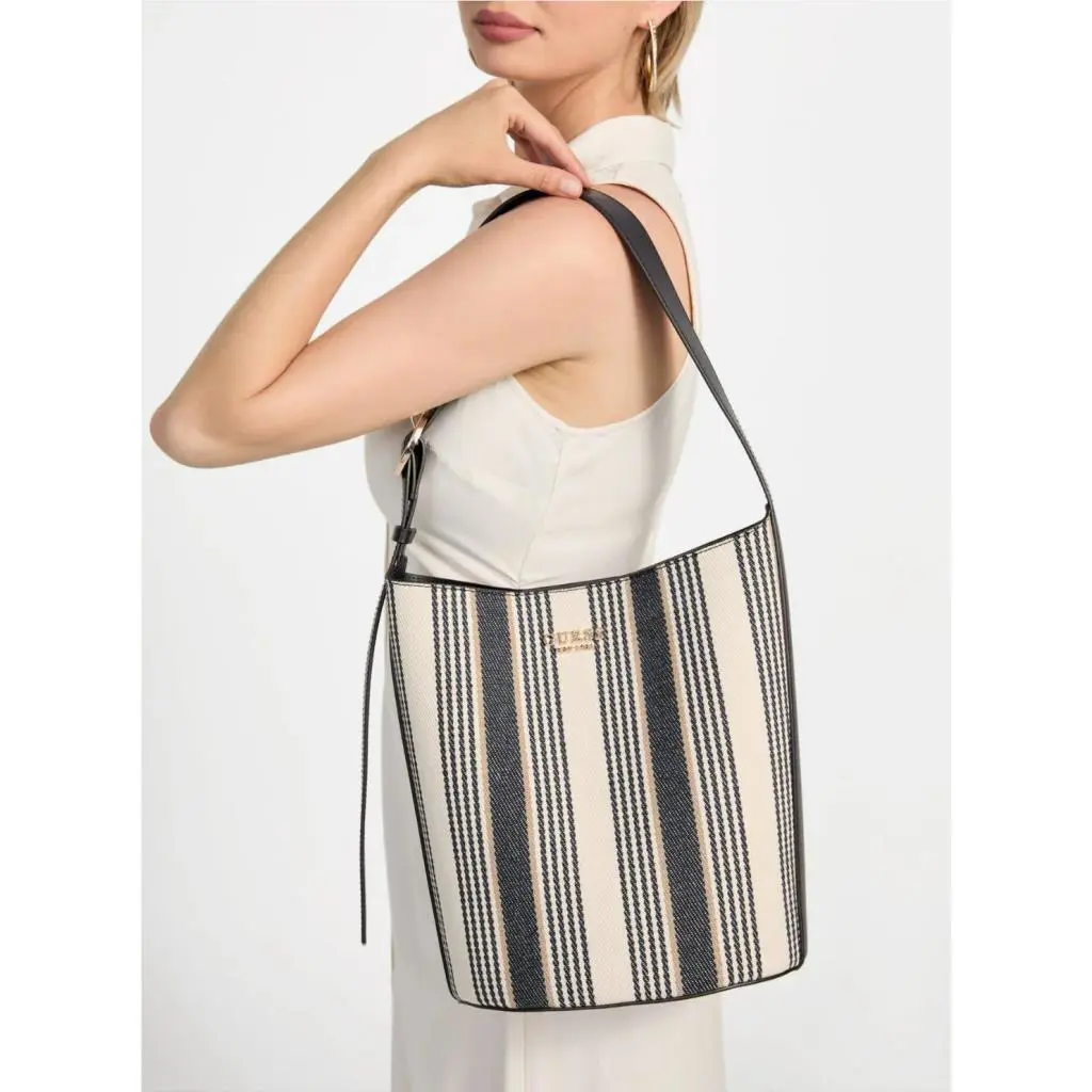 Guess Nicolette Bucket Shoulder Bag Navy Stripe Multi Gold