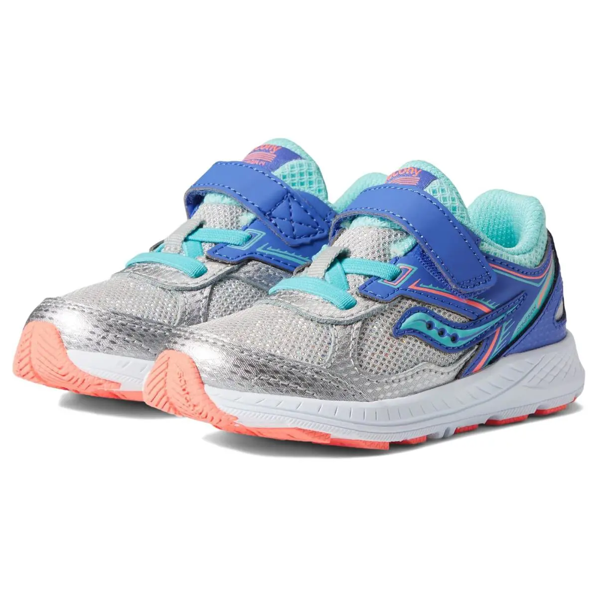 Girl`s Sneakers Athletic Shoes Saucony Kids Cohesion 14 A/c Toddler - Silver/Periwinkle/Turquoise